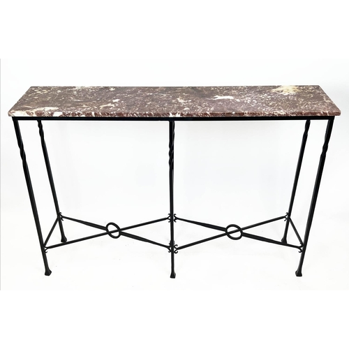 130 - CONSOLE TABLE, French wrought iron base with rectangular breche rouge marble top, 102cm H x 153cm x ... 