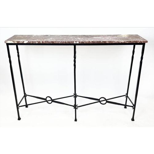 130 - CONSOLE TABLE, French wrought iron base with rectangular breche rouge marble top, 102cm H x 153cm x ... 