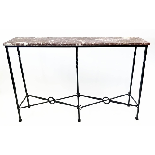 130 - CONSOLE TABLE, French wrought iron base with rectangular breche rouge marble top, 102cm H x 153cm x ... 