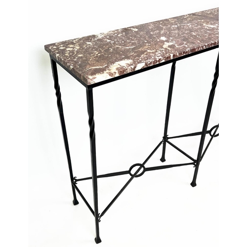 130 - CONSOLE TABLE, French wrought iron base with rectangular breche rouge marble top, 102cm H x 153cm x ... 