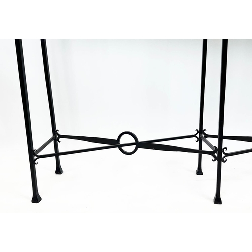 130 - CONSOLE TABLE, French wrought iron base with rectangular breche rouge marble top, 102cm H x 153cm x ... 