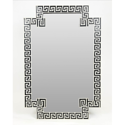 132 - WALL MIRROR, Art Deco design, Greek key inlaid frame, 123cm x 82cm.