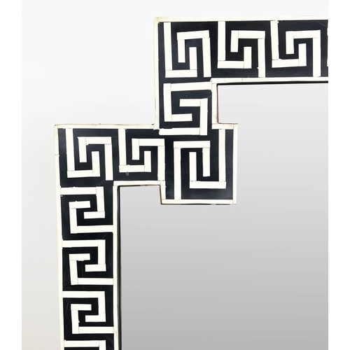 132 - WALL MIRROR, Art Deco design, Greek key inlaid frame, 123cm x 82cm.