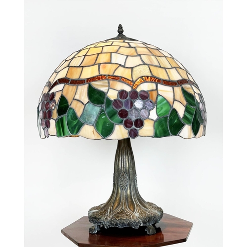 133 - TIFFANY STYLE LAMP, the shade decorated with grapes and vine leaves on an Art Nouveau design base, 6... 