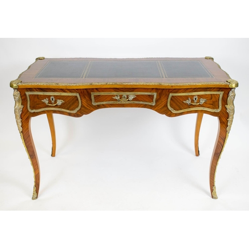 134 - BUREAU PLAT, 78cm H x 122cm W x 61cm D, Louis XV style walnut and brass mounted with black leather t... 