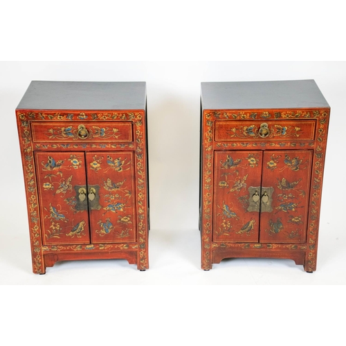 135 - BEDSIDE CABINETS, 61cm H x 40cm W x 32cm D, a pair, Chinese scarlet and butterfly decorated, each wi... 