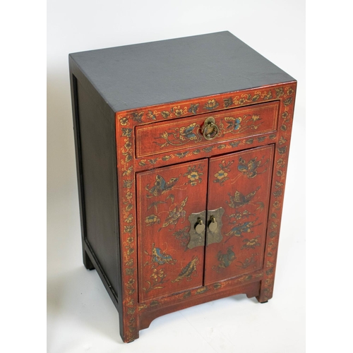 135 - BEDSIDE CABINETS, 61cm H x 40cm W x 32cm D, a pair, Chinese scarlet and butterfly decorated, each wi... 