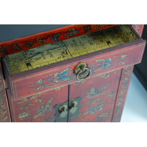 135 - BEDSIDE CABINETS, 61cm H x 40cm W x 32cm D, a pair, Chinese scarlet and butterfly decorated, each wi... 