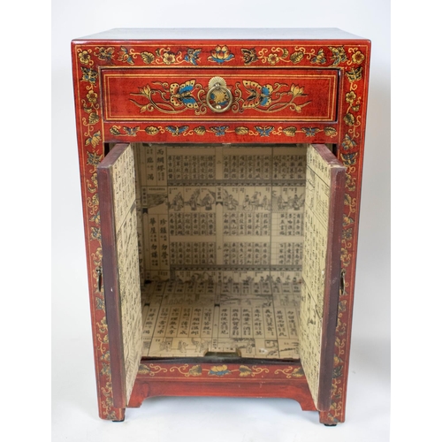 135 - BEDSIDE CABINETS, 61cm H x 40cm W x 32cm D, a pair, Chinese scarlet and butterfly decorated, each wi... 