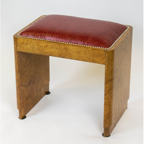 136 - STOOL, 49cm H x 50cm W x 37cm D, Art Deco burr walnut, circa 1925, with red leather seat.