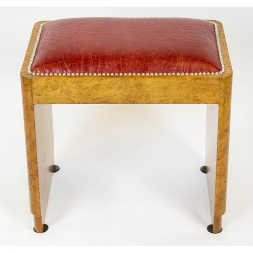 136 - STOOL, 49cm H x 50cm W x 37cm D, Art Deco burr walnut, circa 1925, with red leather seat.