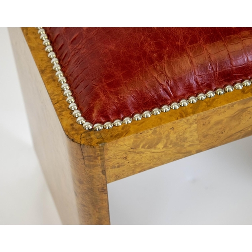 136 - STOOL, 49cm H x 50cm W x 37cm D, Art Deco burr walnut, circa 1925, with red leather seat.