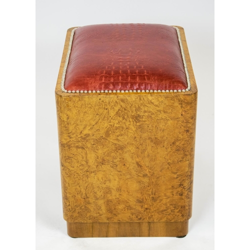 136 - STOOL, 49cm H x 50cm W x 37cm D, Art Deco burr walnut, circa 1925, with red leather seat.