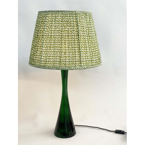 142 - TABLE LAMPS BY POOKY LIGHTING, a pair, green 'glass' of slim waisted form with green printed lamp sh... 