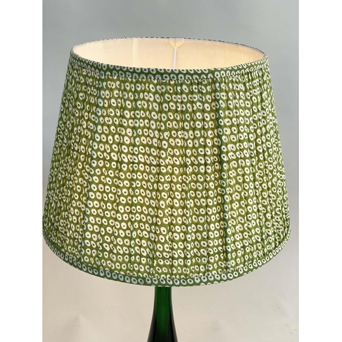 142 - TABLE LAMPS BY POOKY LIGHTING, a pair, green 'glass' of slim waisted form with green printed lamp sh... 