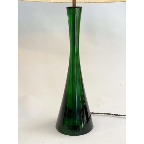 142 - TABLE LAMPS BY POOKY LIGHTING, a pair, green 'glass' of slim waisted form with green printed lamp sh... 