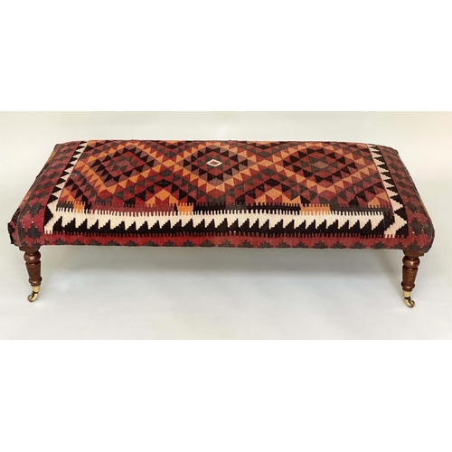 144 - KELIM CENTRE STOOL, rectangular antique kelim upholstered in the style of George Smith with turned s... 