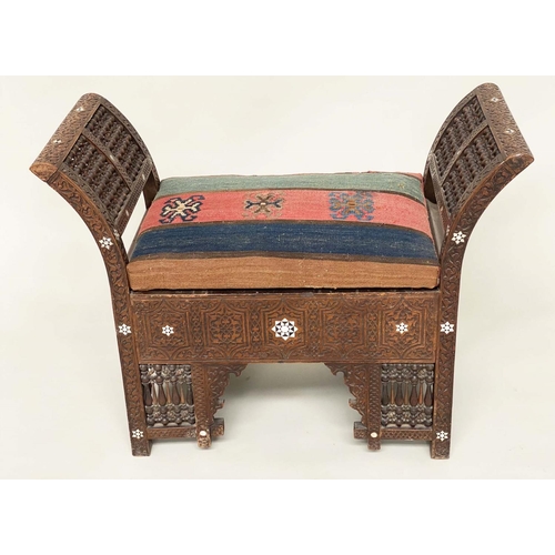 146 - WINDOW SEAT, 19th century Damascus hardwood, ebony and mother of pearl inset with rising lid and slo... 