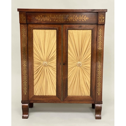 149 - REGENCY SIDE CABINET, rosewood and brass inlaid with two yellow silk panelled doors, 68cm W x 28cm D... 