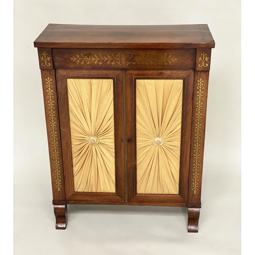 149 - REGENCY SIDE CABINET, rosewood and brass inlaid with two yellow silk panelled doors, 68cm W x 28cm D... 