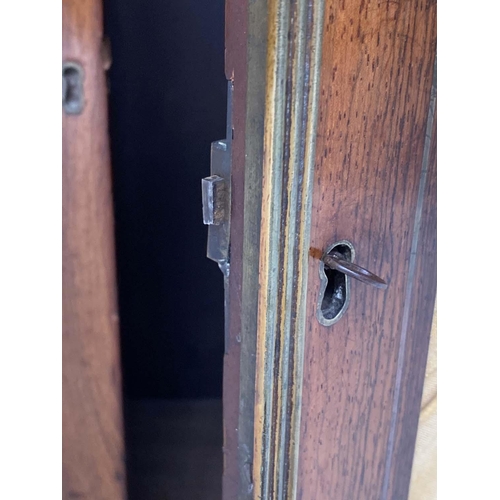 149 - REGENCY SIDE CABINET, rosewood and brass inlaid with two yellow silk panelled doors, 68cm W x 28cm D... 