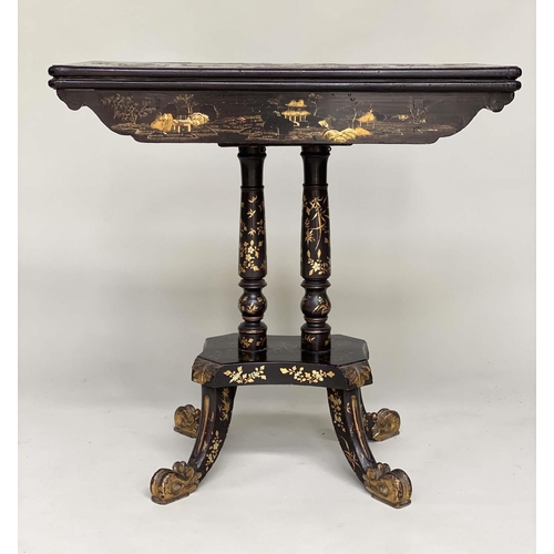 151 - GAMES TABLE, early 19th century Chinese export lacquered rectangular and gilt Chinoiserie decorated ... 