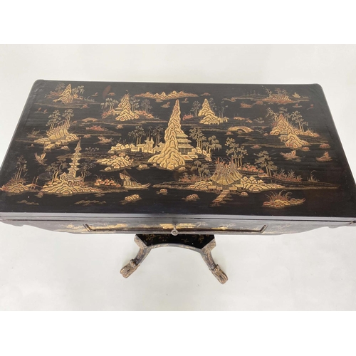 151 - GAMES TABLE, early 19th century Chinese export lacquered rectangular and gilt Chinoiserie decorated ... 