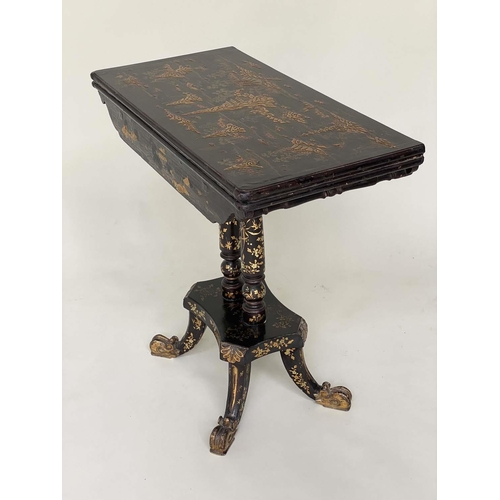 151 - GAMES TABLE, early 19th century Chinese export lacquered rectangular and gilt Chinoiserie decorated ... 