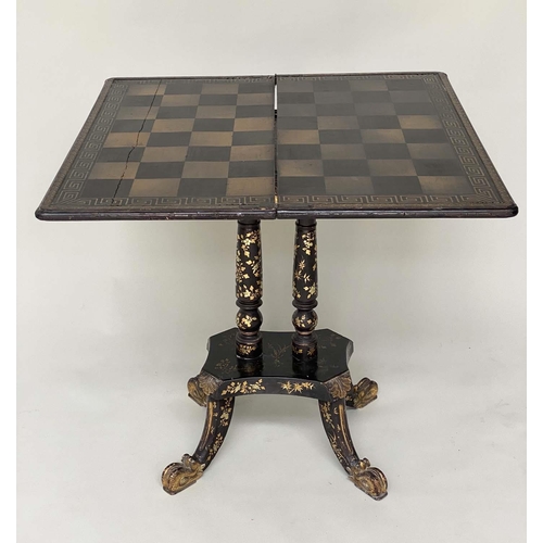 151 - GAMES TABLE, early 19th century Chinese export lacquered rectangular and gilt Chinoiserie decorated ... 