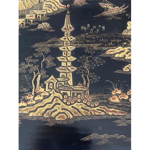 151 - GAMES TABLE, early 19th century Chinese export lacquered rectangular and gilt Chinoiserie decorated ... 