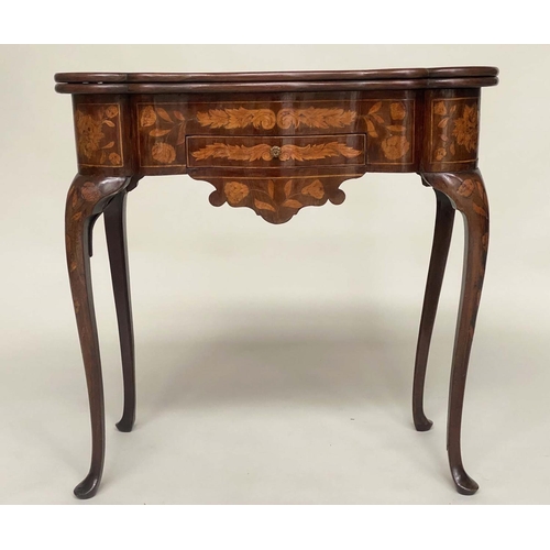 157 - DUTCH CARD TABLE, 19th century mahogany and satinwood foliate marquetry with apron drawer foldover b... 