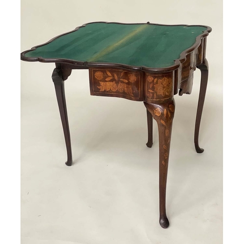 157 - DUTCH CARD TABLE, 19th century mahogany and satinwood foliate marquetry with apron drawer foldover b... 