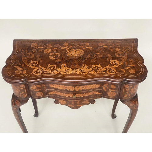 157 - DUTCH CARD TABLE, 19th century mahogany and satinwood foliate marquetry with apron drawer foldover b... 