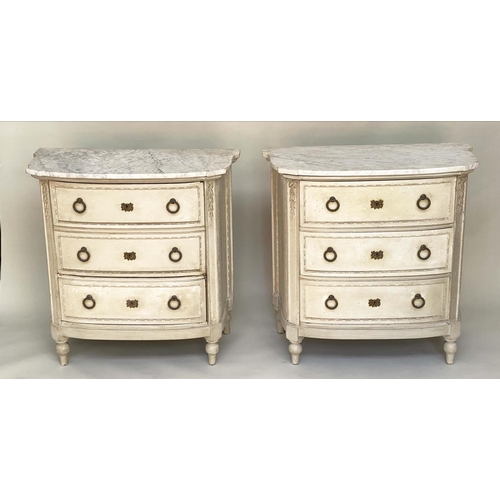 159 - COMMODES, a pair, 19th century bowfronted original grey painted one with three drawers, the other wi... 