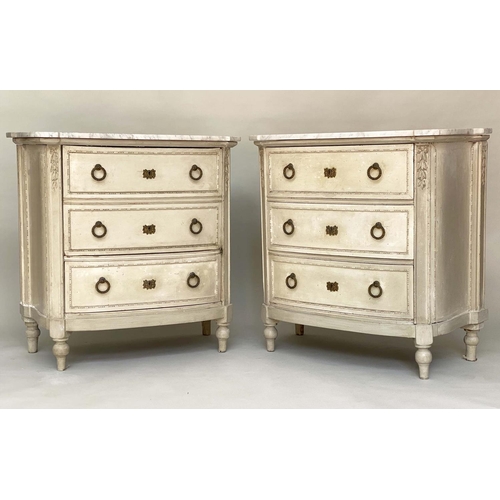 159 - COMMODES, a pair, 19th century bowfronted original grey painted one with three drawers, the other wi... 