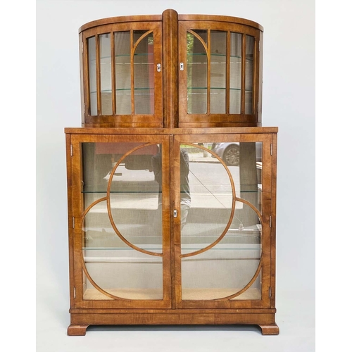 161 - ART DECO DISPLAY CABINET, burr walnut with two bow glazed doors above two further glazed doors, all ... 