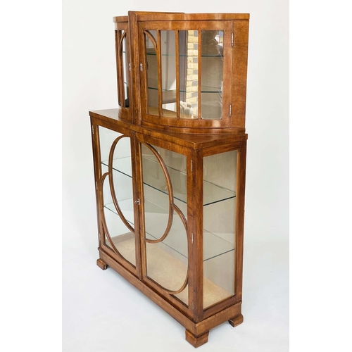 161 - ART DECO DISPLAY CABINET, burr walnut with two bow glazed doors above two further glazed doors, all ... 