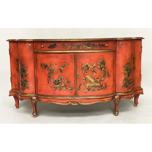 165 - SIDE CABINET, 20th century Italian parcel gilt and scarlet lacquer Chinoiserie decorated with a frie... 