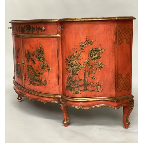 165 - SIDE CABINET, 20th century Italian parcel gilt and scarlet lacquer Chinoiserie decorated with a frie... 