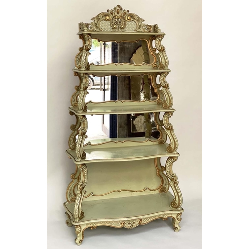 167 - DISPLAY SHELVES, Continental late 19th/early 20th century green and parcel gilt with four graduated ... 