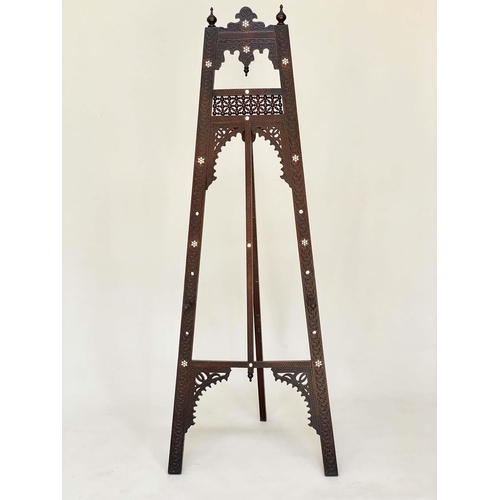 169 - EASEL, antique moorish carved hardwood and mother of pearl, ebonised and bone inset, adjustable,171c... 