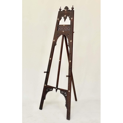 169 - EASEL, antique moorish carved hardwood and mother of pearl, ebonised and bone inset, adjustable,171c... 