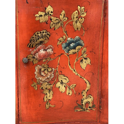 170 - SIDE CABINET, early 20th century Italian scarlet lacquered and gilt Chinoiserie decorated with two s... 