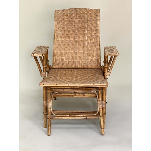 171 - TERRACE STEAMER ARMCHAIR, 1930s bamboo, wicker and cane bound with adjustable back and pull out foot... 