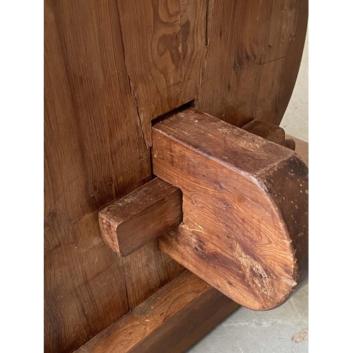 172 - YEWWOOD REFECTORY TABLE, 20th century Welsh solid yewwood with three plank top, twin trestles and st... 