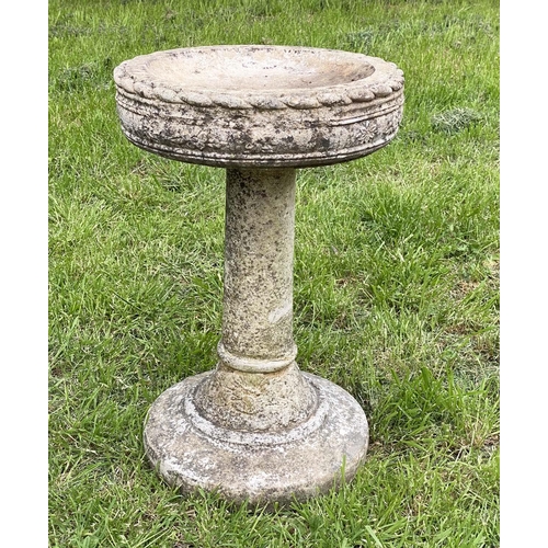 176 - GARDEN BIRD BATH, well weathered reconstituted stone, circular moulded with column and base, 42cm W ... 