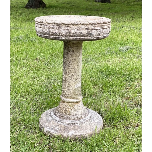 176 - GARDEN BIRD BATH, well weathered reconstituted stone, circular moulded with column and base, 42cm W ... 