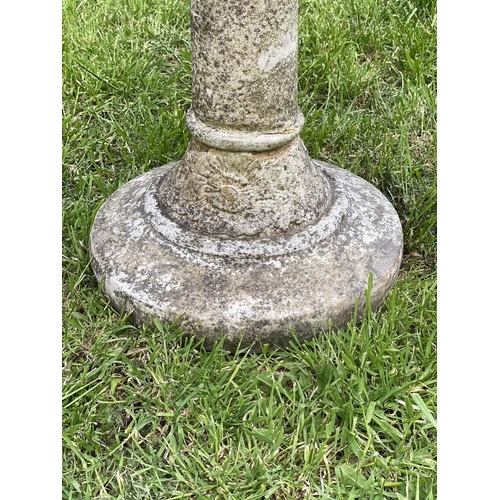 176 - GARDEN BIRD BATH, well weathered reconstituted stone, circular moulded with column and base, 42cm W ... 