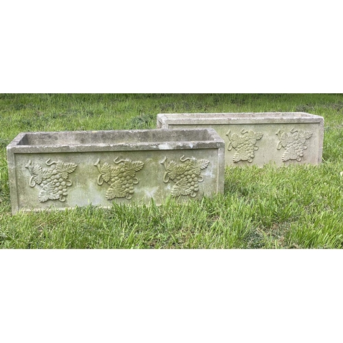 178 - GARDEN PLANTERS, a pair, well weathered reconstituted stone rectangular form with vine leaf and grap... 