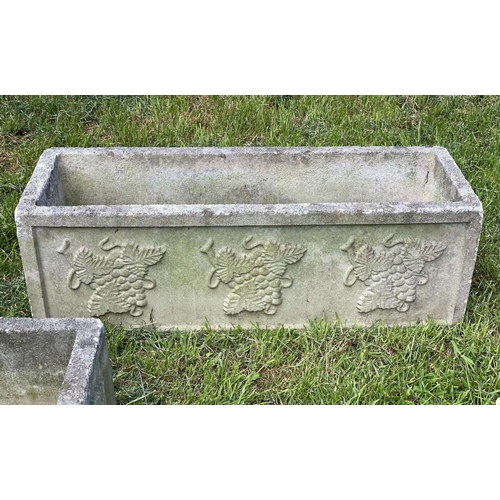 178 - GARDEN PLANTERS, a pair, well weathered reconstituted stone rectangular form with vine leaf and grap... 